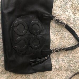 Coach Black Leather Shoulder Bag with Tassel and Chain Strap